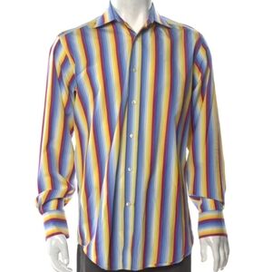 Etro Milano Men's Button Up Spread Collar Yellow/Fuchsia Striped Shirt Medium